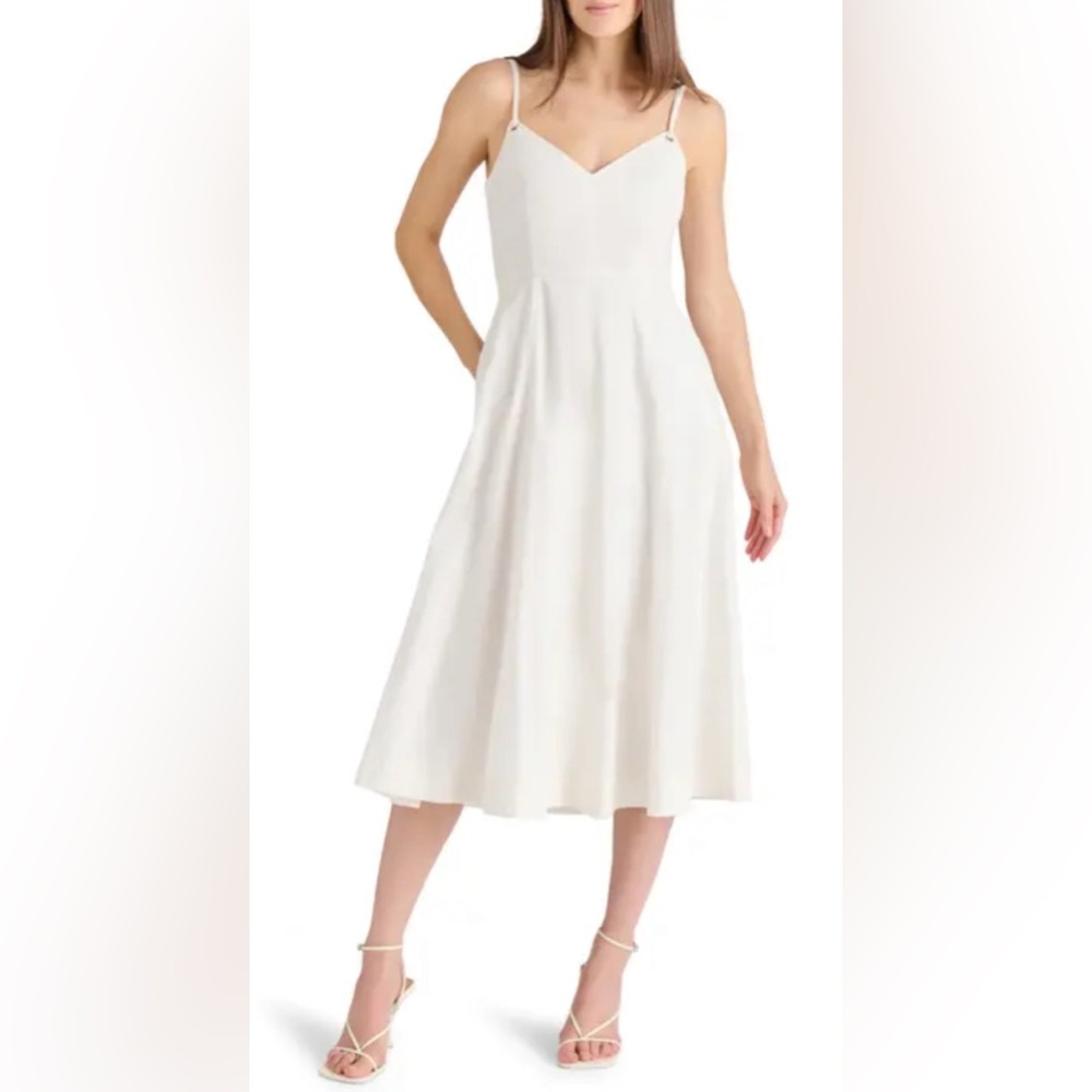 Steve Madden Harley White A-Line Midi Dress M – Smocked Back, Adjustable Straps